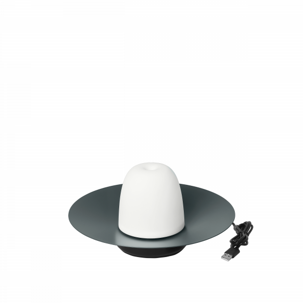 Elegante USB-betriebene Lampe mit einem schlanken weißen Design und einer runden grauen Basis.