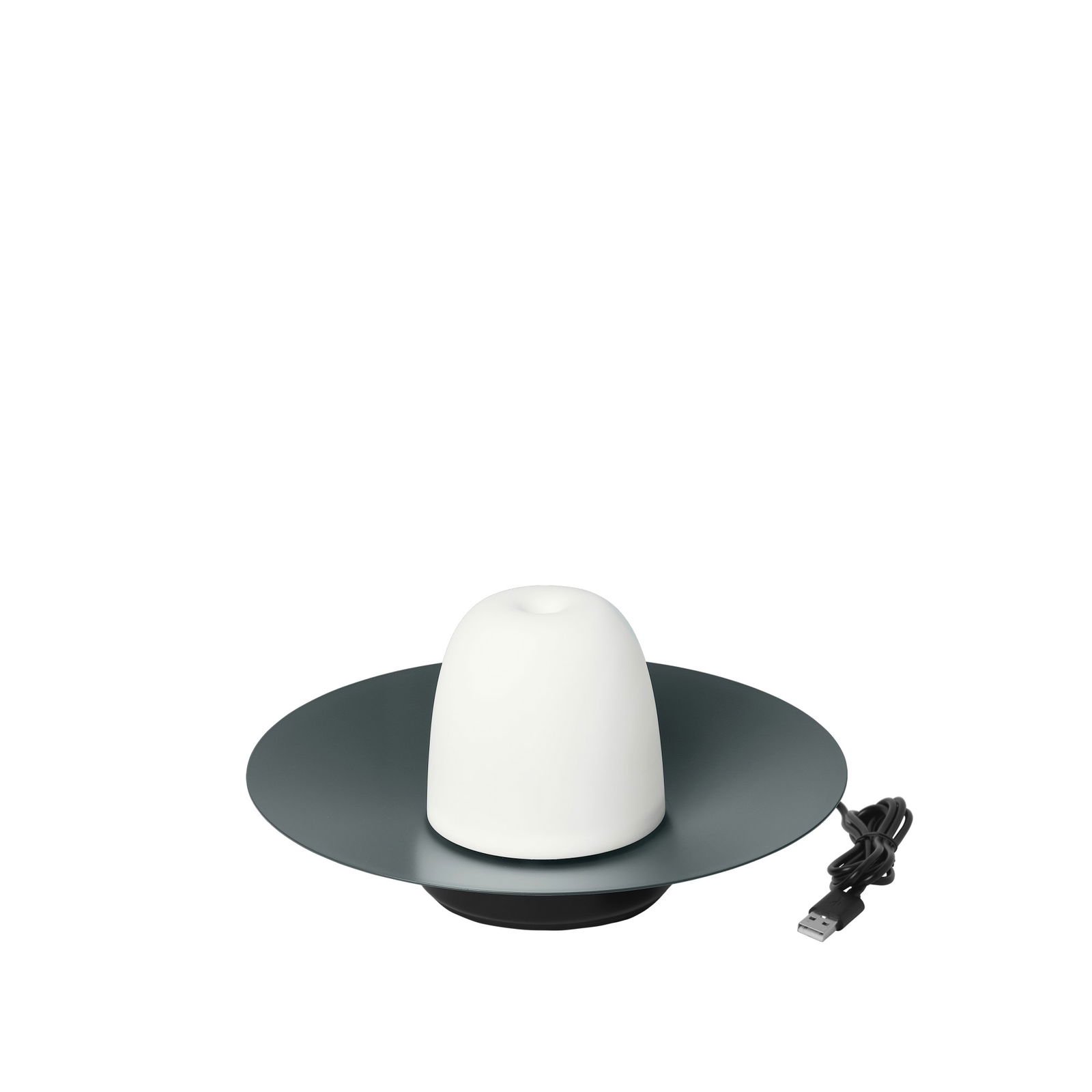 Elegante USB-betriebene Lampe mit einem schlanken weißen Design und einer runden grauen Basis.