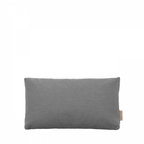 Gray rectangular decorative pillow on a black background.