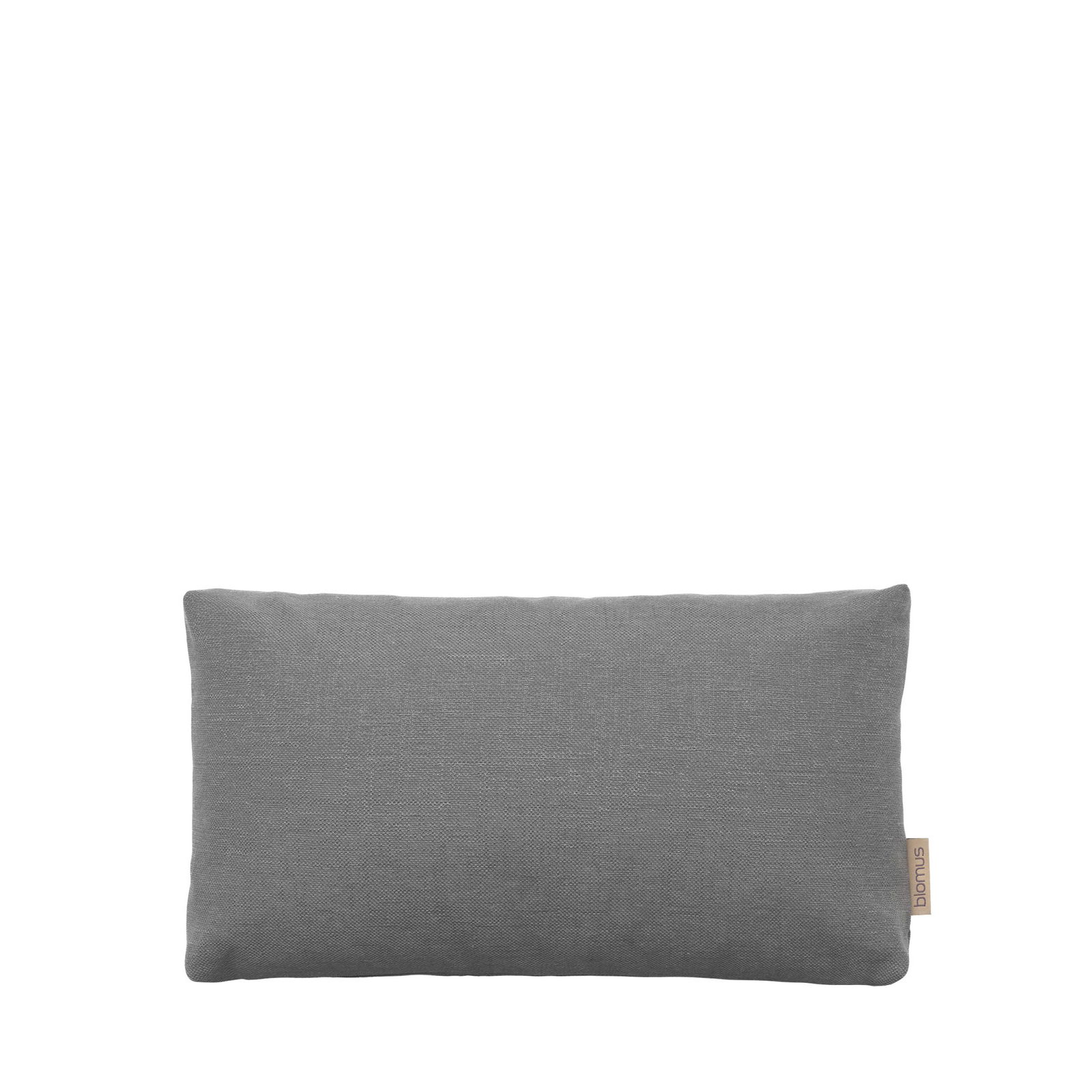 Gray rectangular decorative pillow on a black background.