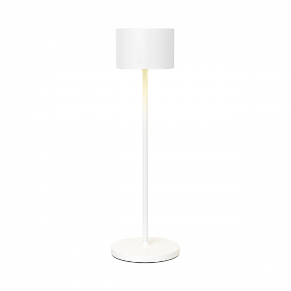 Moderne weiße Stehlampe mit rundem Fuß und zylindrischem Schirm, perfekt für jeden Raum.