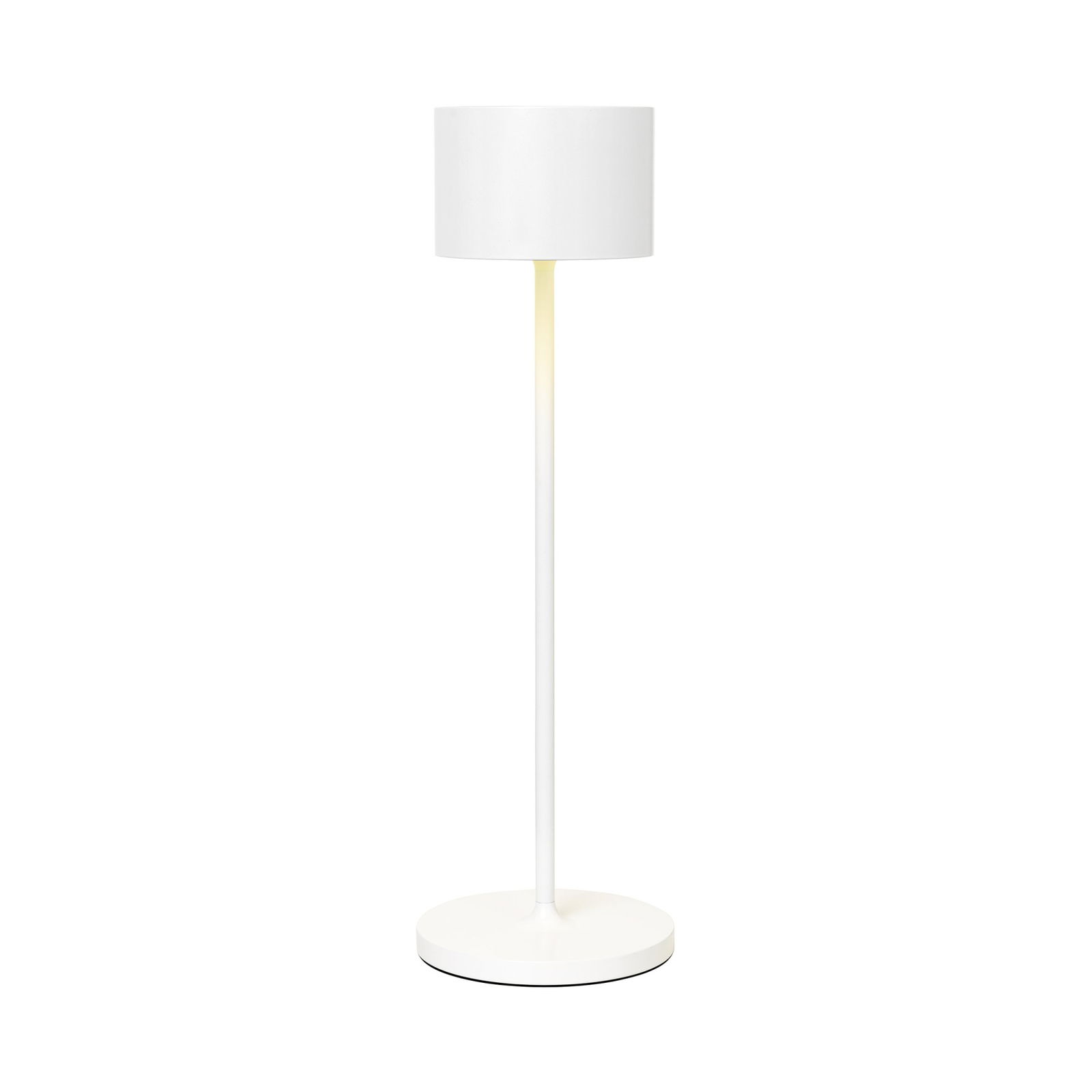 Moderne weiße Stehlampe mit rundem Fuß und zylindrischem Schirm, perfekt für jeden Raum.