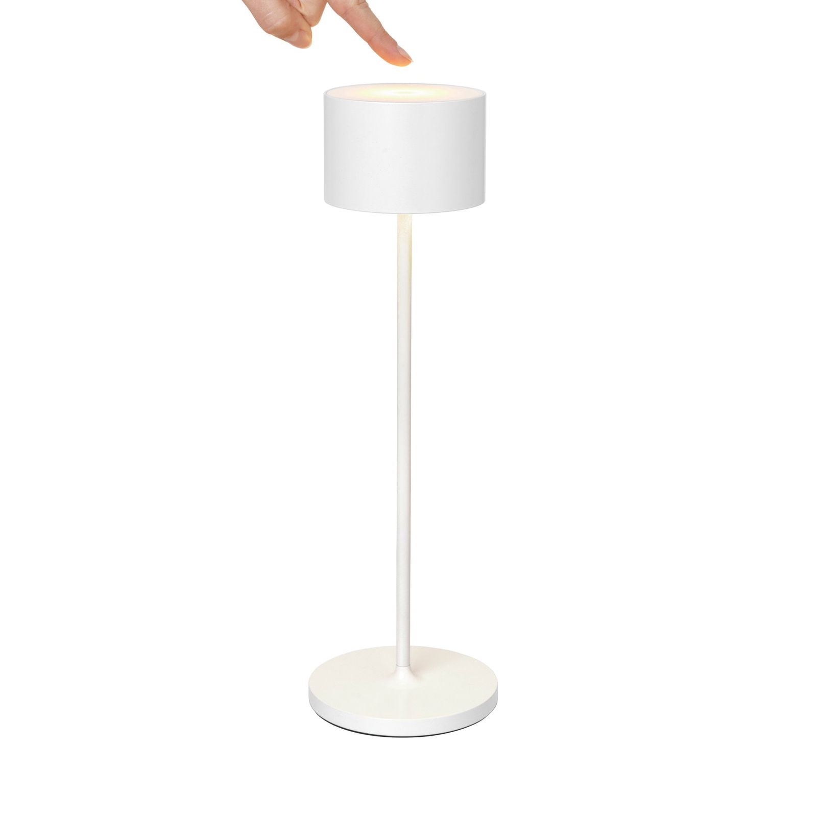 Moderne weiße Stehlampe mit minimalistischem Design und Touch-Control-Funktion.