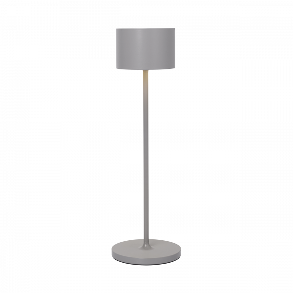 Modern grey floor lamp with a sleek design and a cylindrical shade.