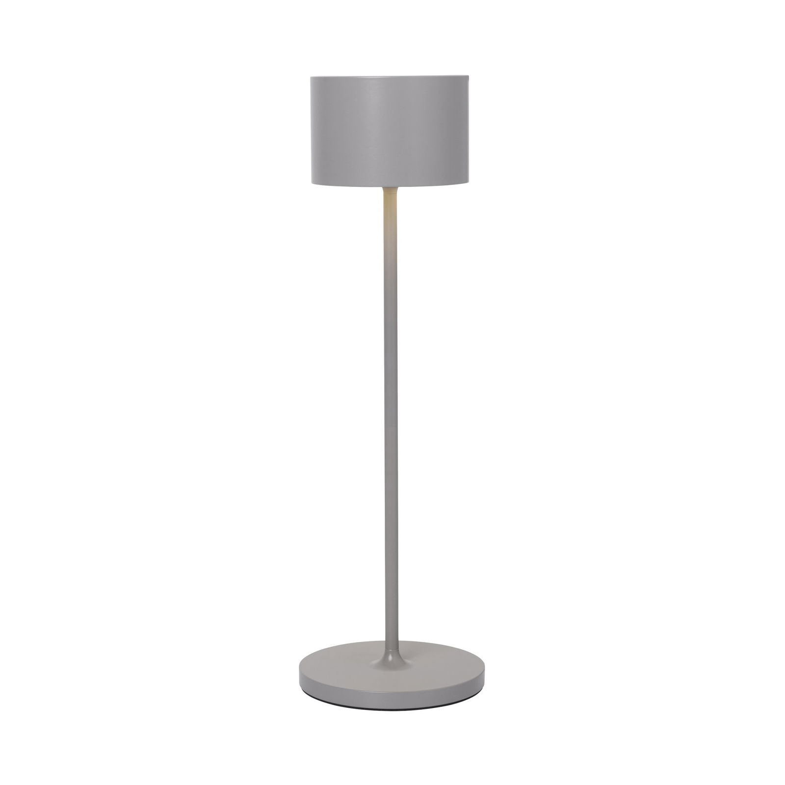 Modern grey floor lamp with a sleek design and a cylindrical shade.