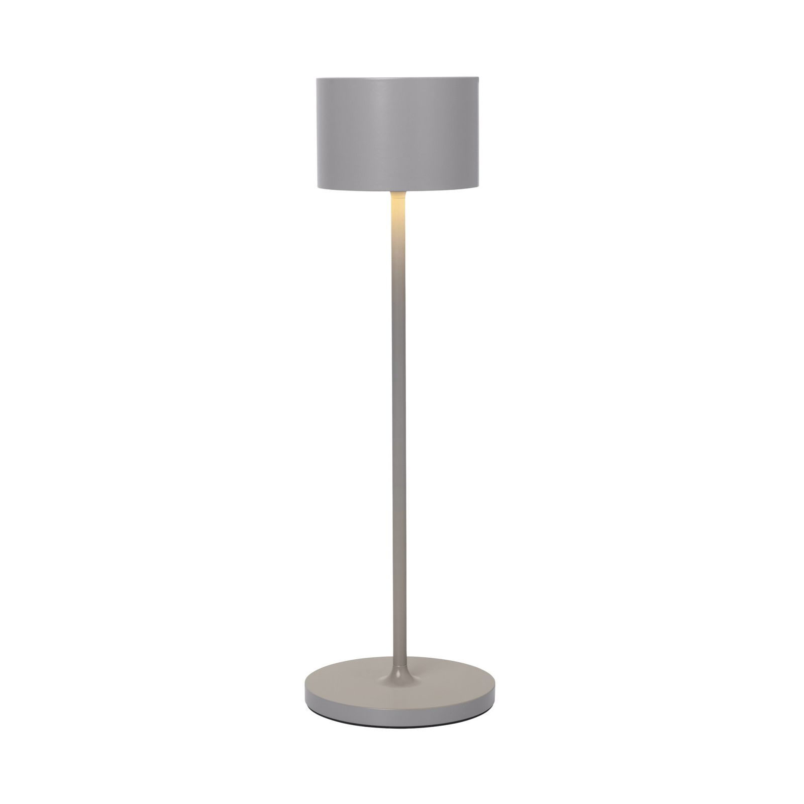 Modern gray floor lamp with a sleek design and soft light glow.