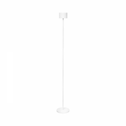 Modern white floor lamp with a sleek design and minimalistic style on a black background.