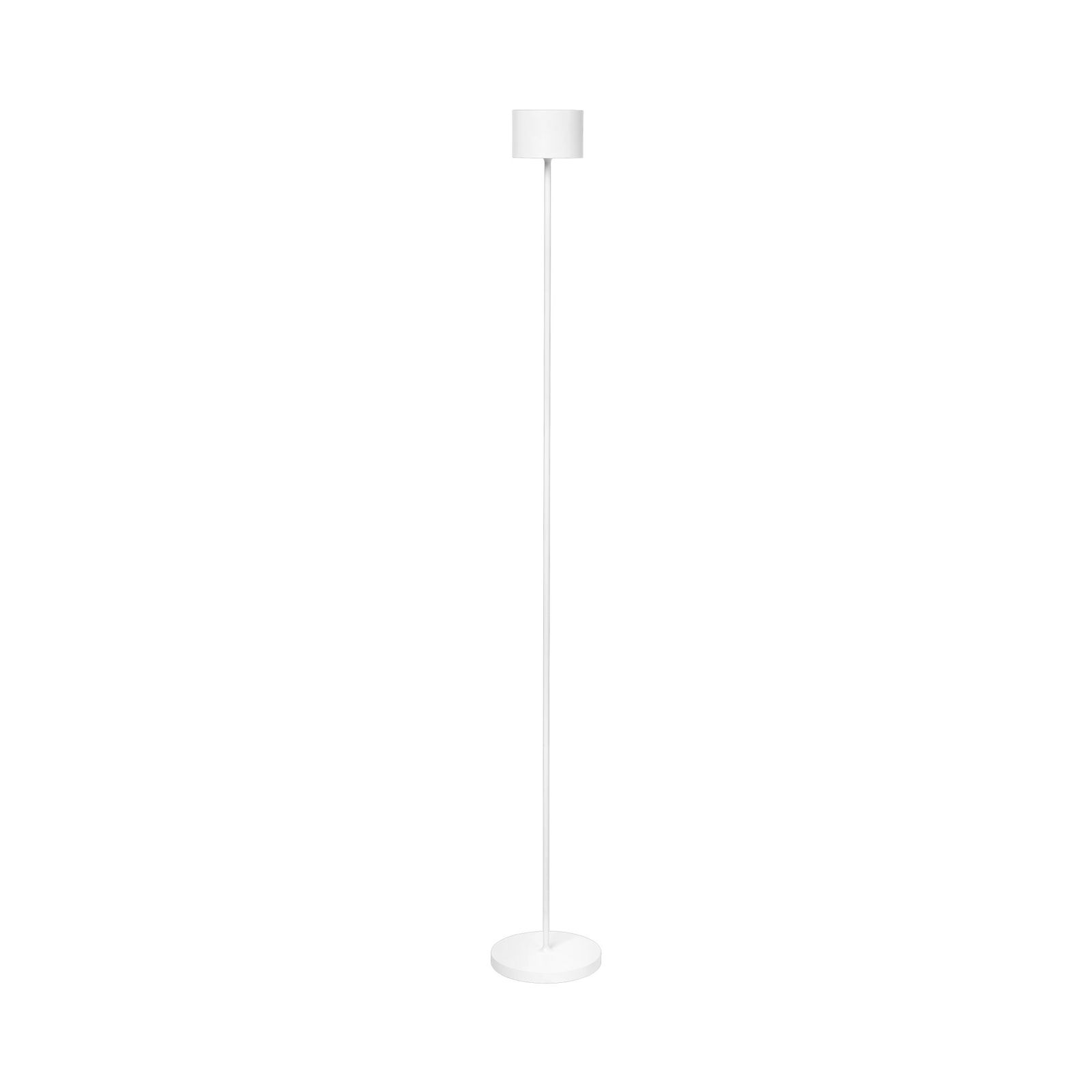 Modern white floor lamp with a sleek design and minimalistic style on a black background.