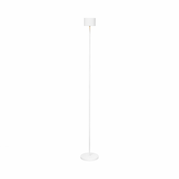 Sleek modern white floor lamp with a minimalist design and circular base.