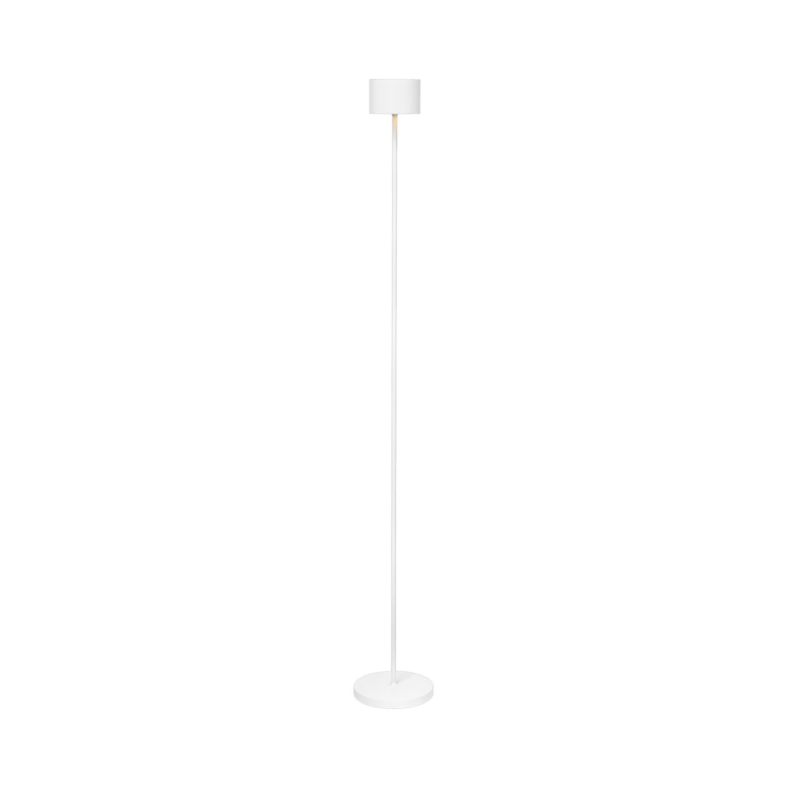 Sleek modern white floor lamp with a minimalist design and circular base.