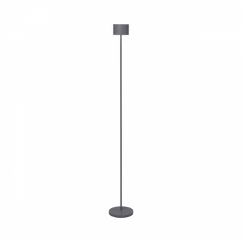 Elegante moderne Stehlampe mit minimalistischer Design und runder Basis in grauer Farbe.