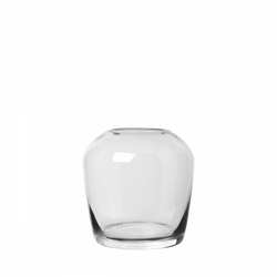 Clear glass vase with a modern shape, perfect for floral arrangements or home decor.