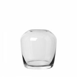 Clear glass vase with a round base, perfect for floral arrangements or decoration.