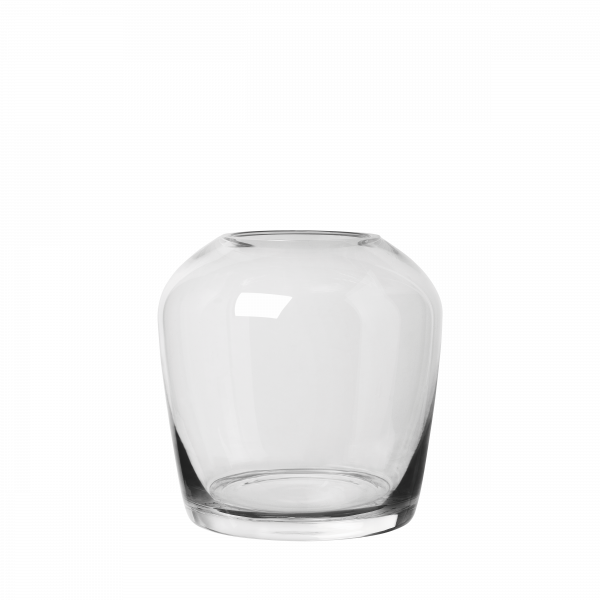 Clear glass vase with a round base, perfect for floral arrangements or decoration.