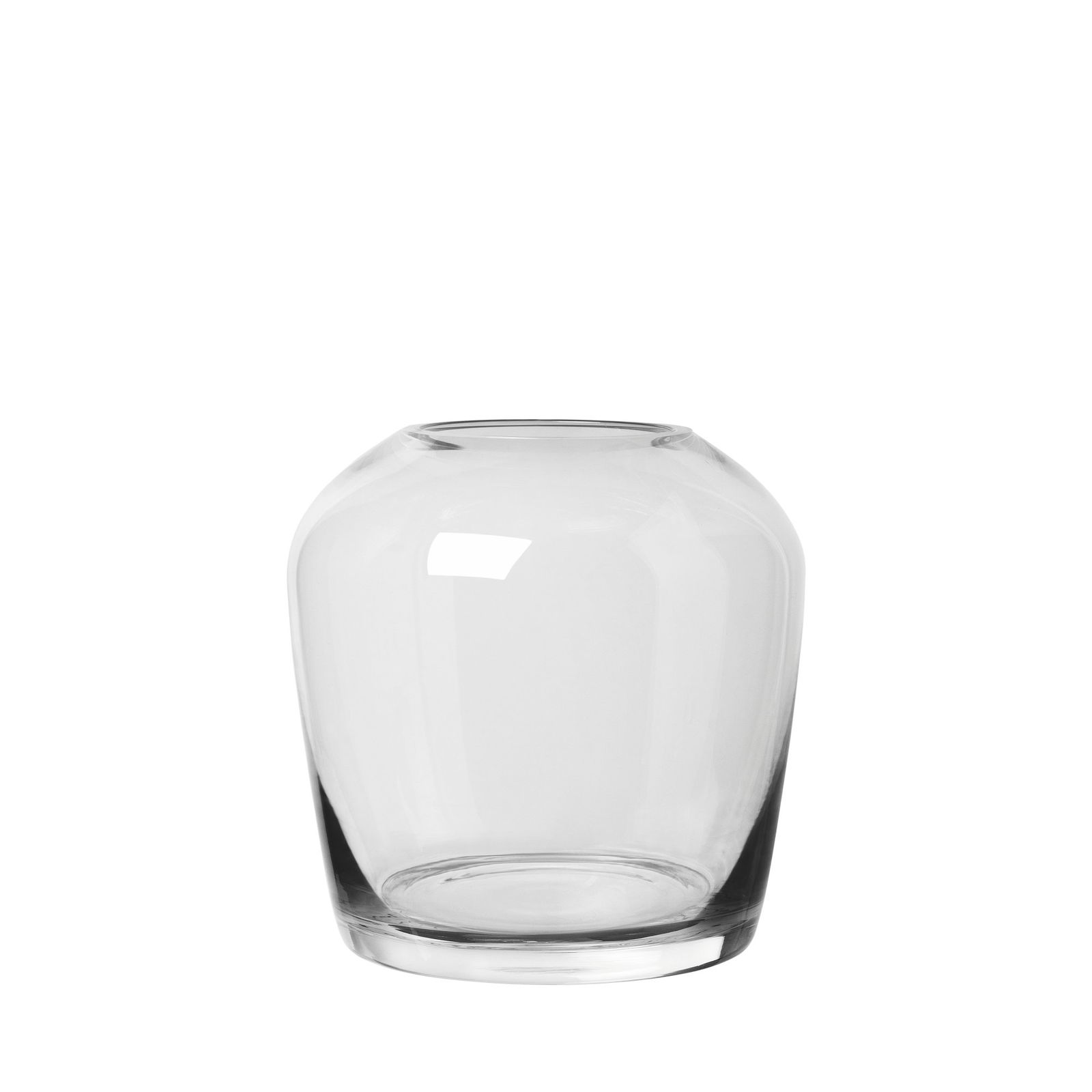 Clear glass vase with a round base, perfect for floral arrangements or decoration.