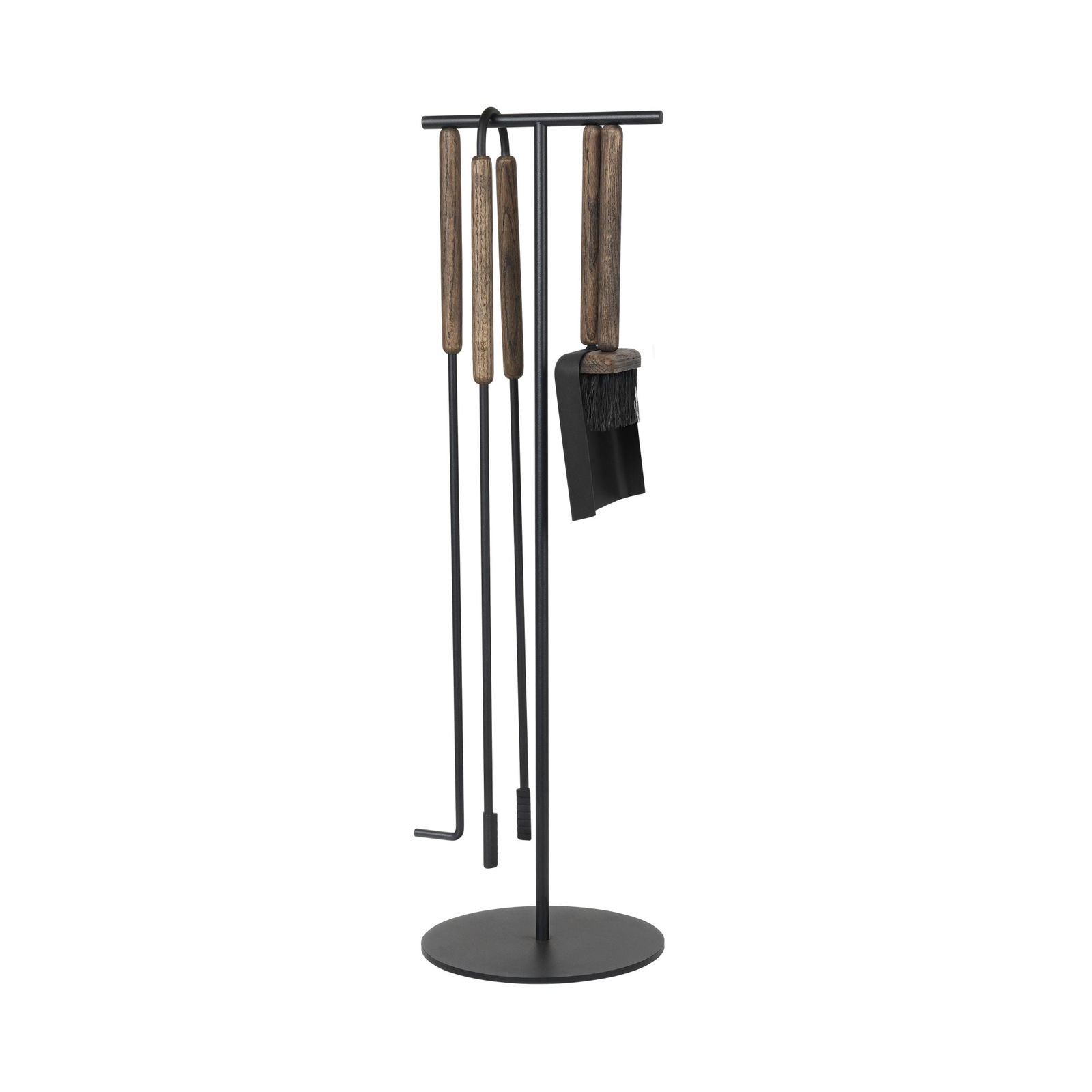 Stylish black tool holder with wooden cooking utensils for modern kitchen decor.