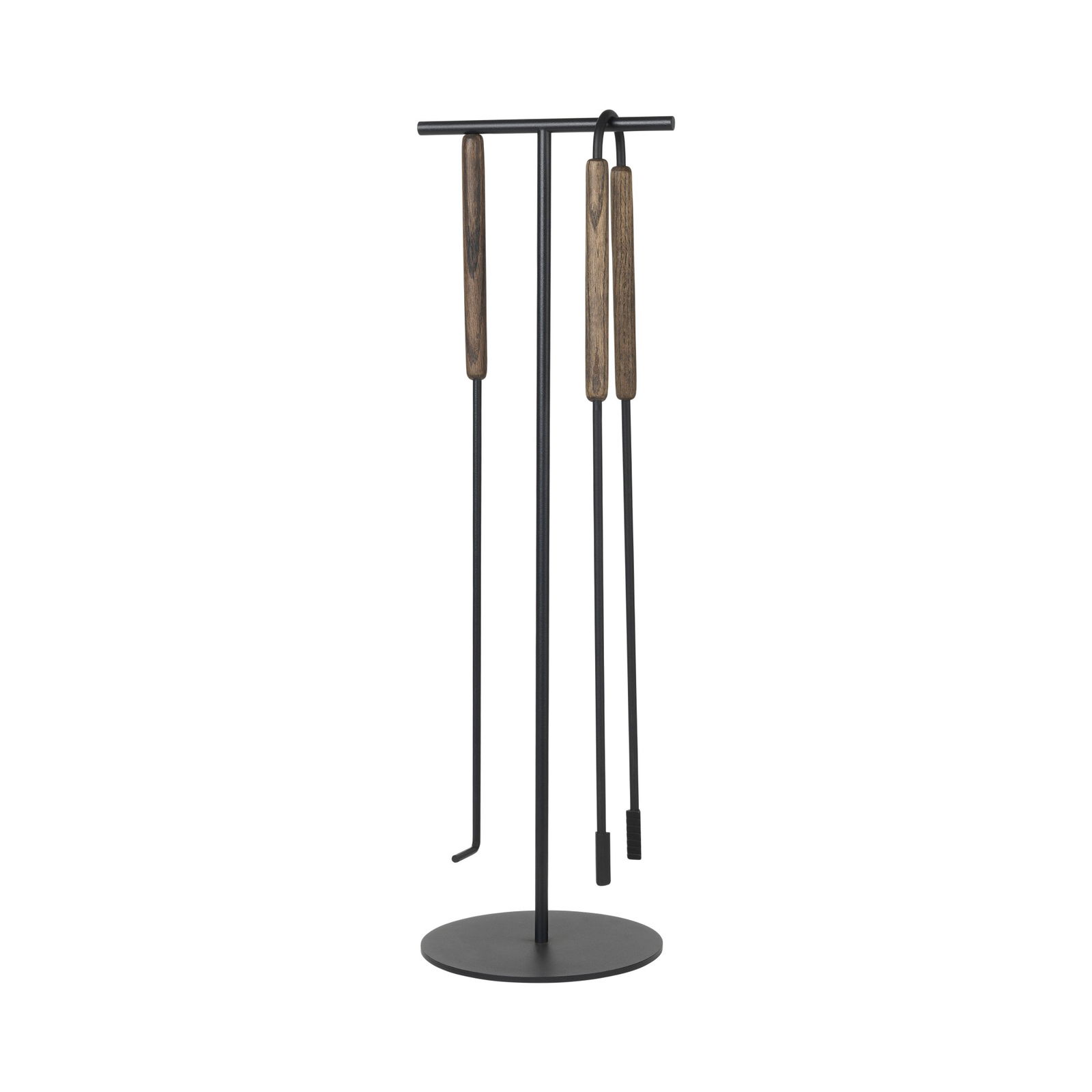 Stylish black metal tool stand with wooden handles for fireplace tools.