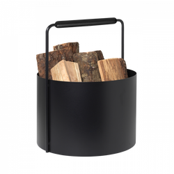 Black metal firewood holder with logs inside, ideal for home or outdoor use.