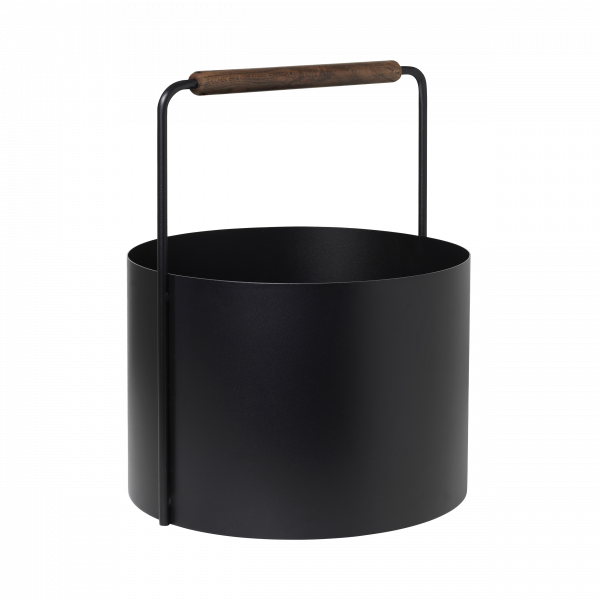 Stylish black metal storage bucket with a wooden handle for home organization.