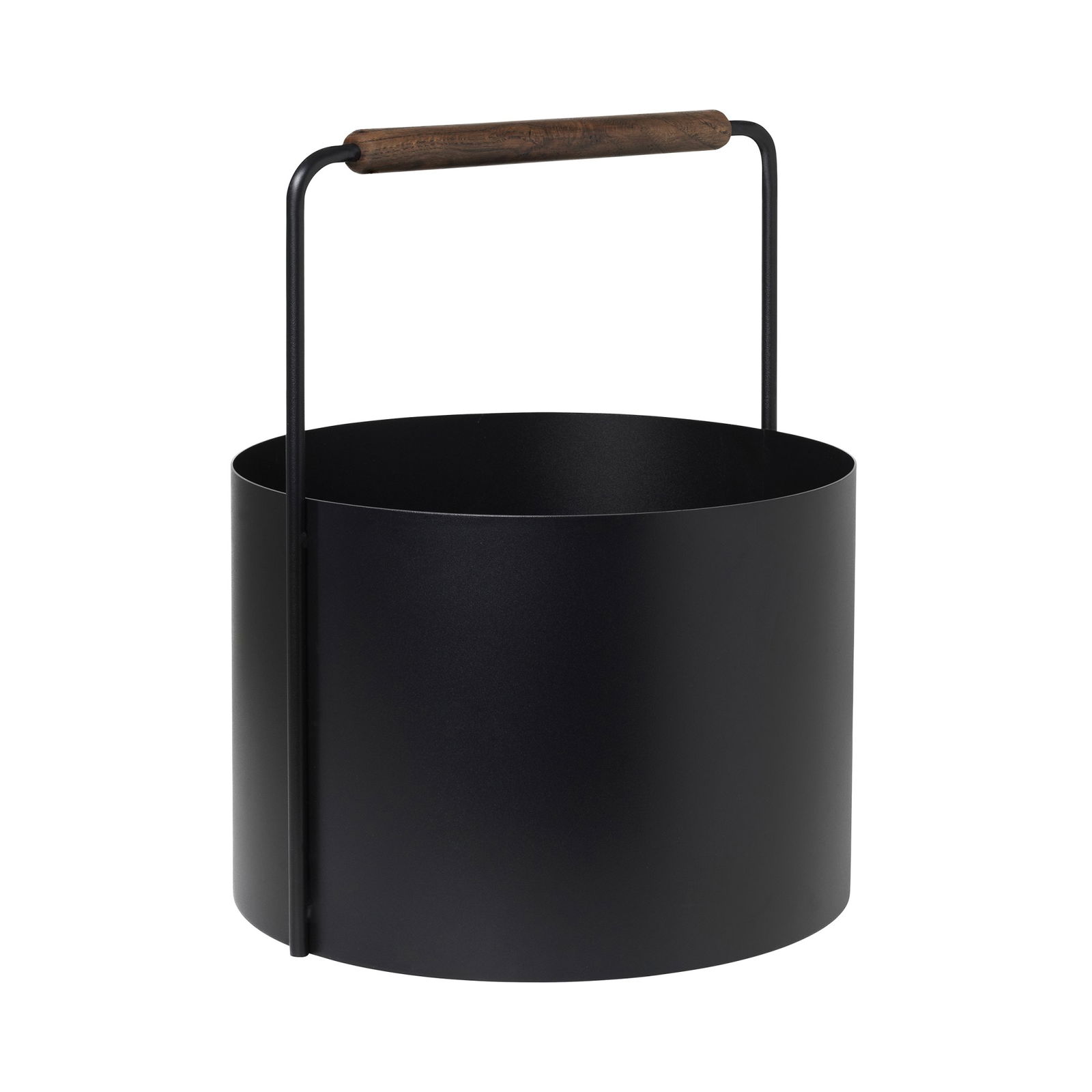 Stylish black metal storage bucket with a wooden handle for home organization.