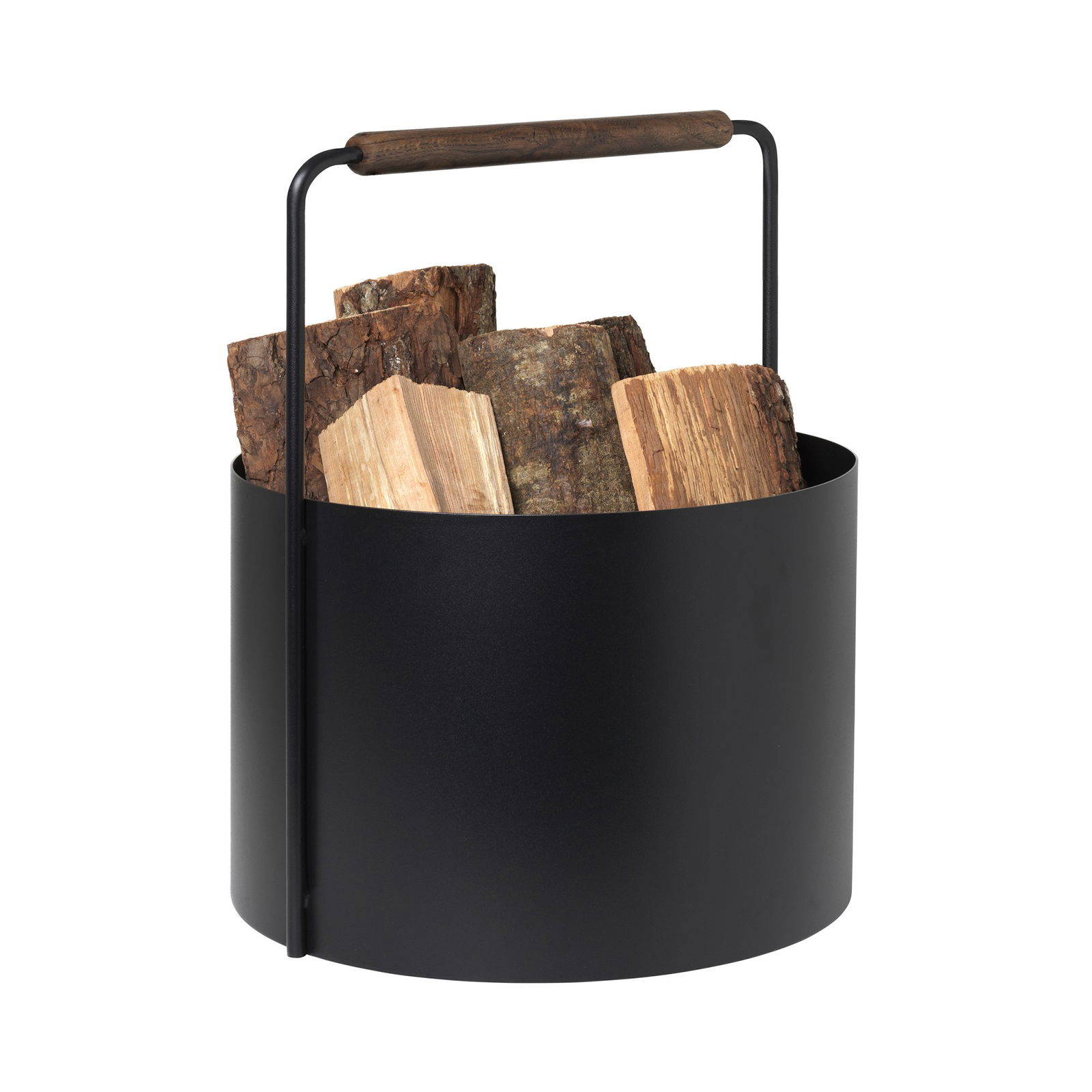 Black metal log basket with wooden handle, filled with firewood logs.