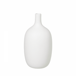 Elegant white ceramic vase with a smooth, rounded shape on a black background.