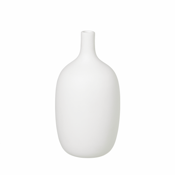 Elegant white ceramic vase with a smooth, rounded shape on a black background.