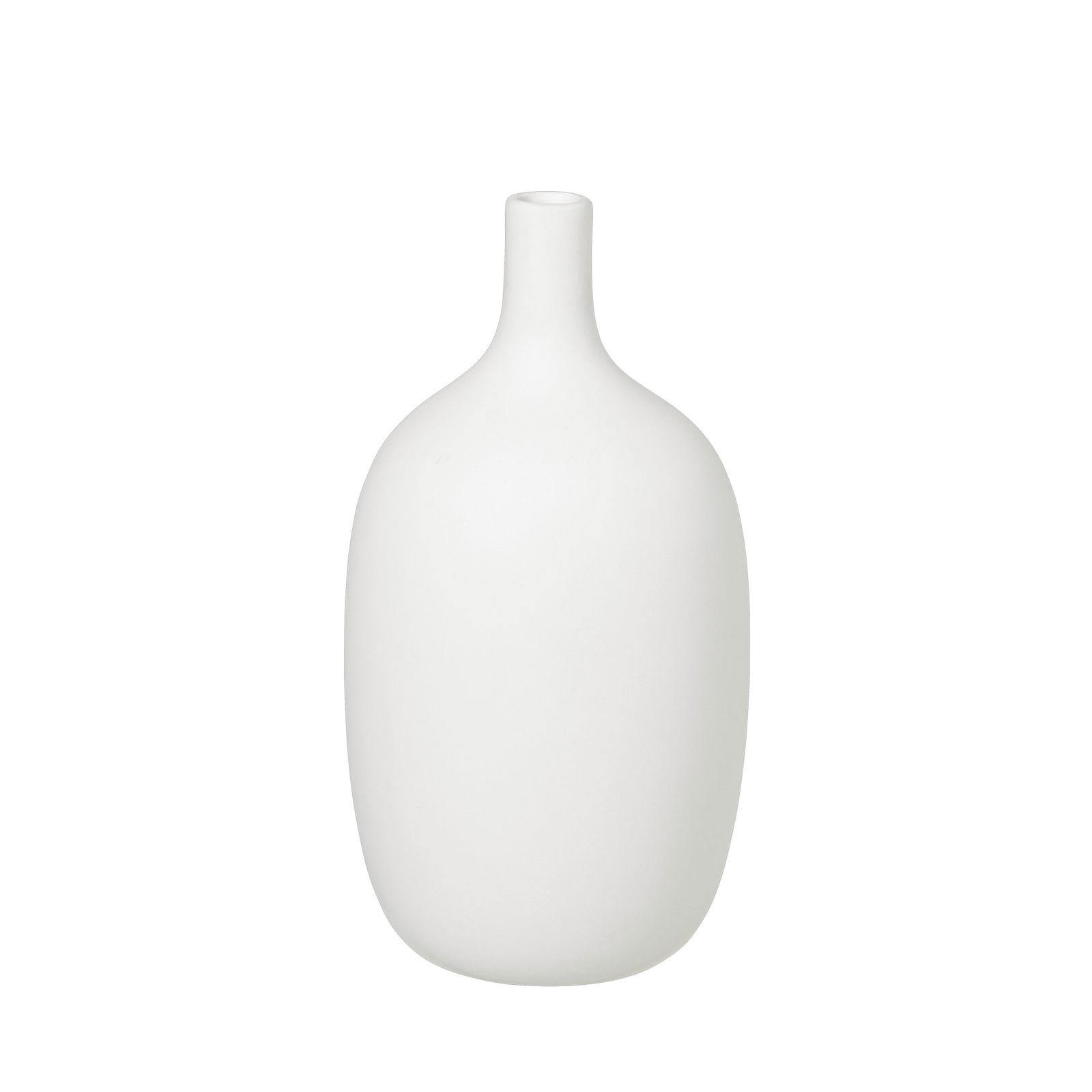 Elegant white ceramic vase with a smooth, rounded shape on a black background.