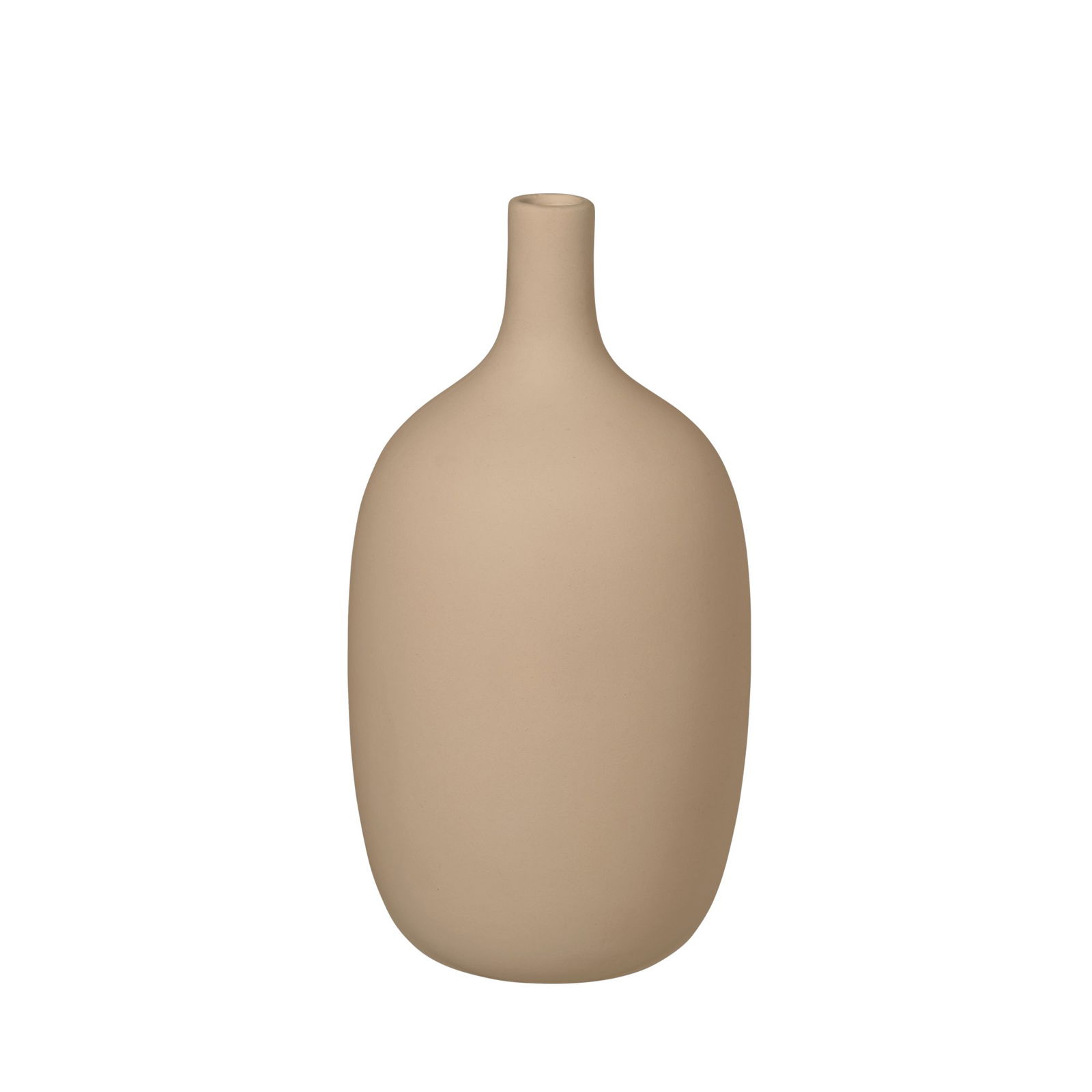 Beige ceramic vase with a smooth, modern design against a black background.
