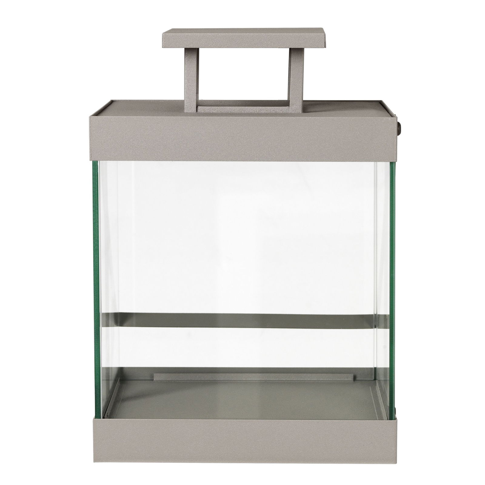 Stylish modern lantern with glass walls and a sleek metallic frame for decorative lighting.