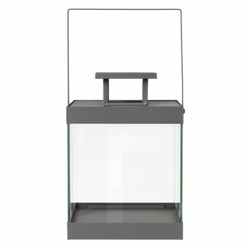 Moderne graue Laterne mit Glas-Seiten und einem Griff, perfekt für decorative Beleuchtung.