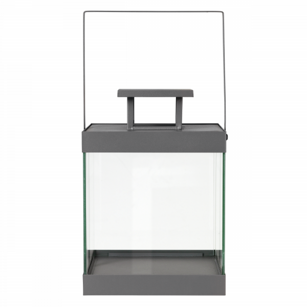 Modern grey lantern with glass sides and a handle, perfect for decorative lighting.