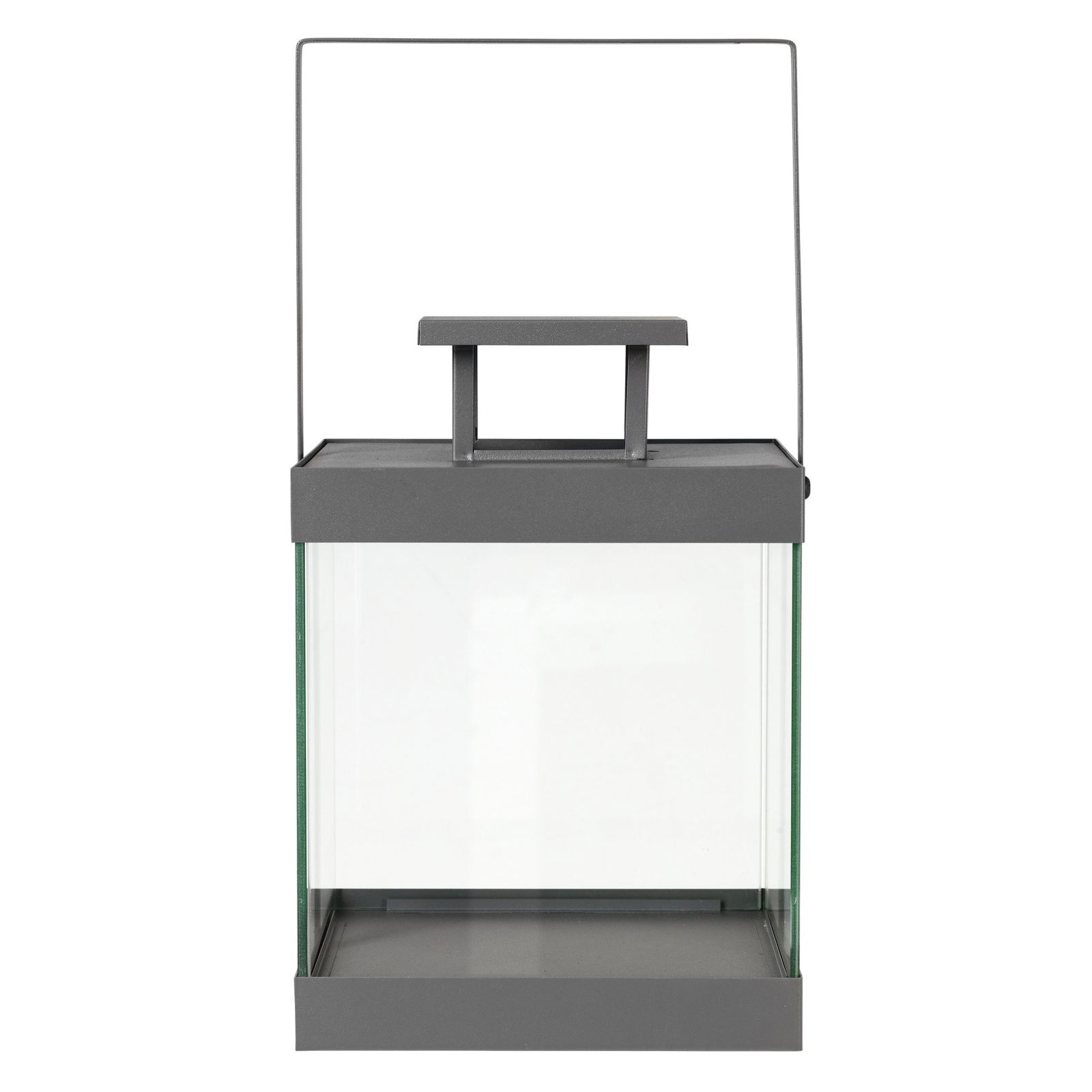 Modern grey lantern with glass sides and a handle, perfect for decorative lighting.
