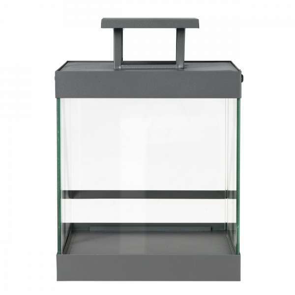 Modern gray metal lantern with glass sides and a handle for easy carrying.