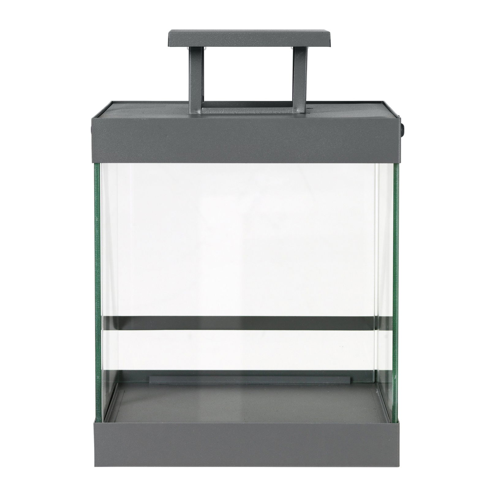 Modern gray metal lantern with glass sides and a handle for easy carrying.