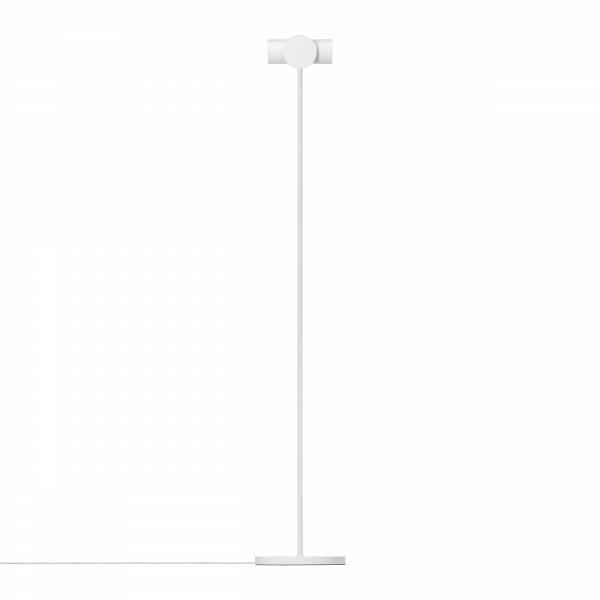 Sleek white floor lamp with a minimalist design on a black background.