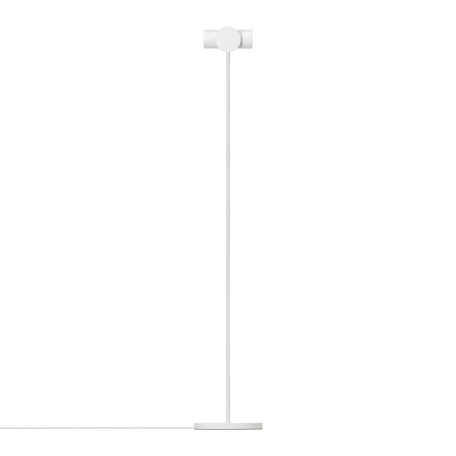 Sleek white floor lamp with a minimalist design on a black background.
