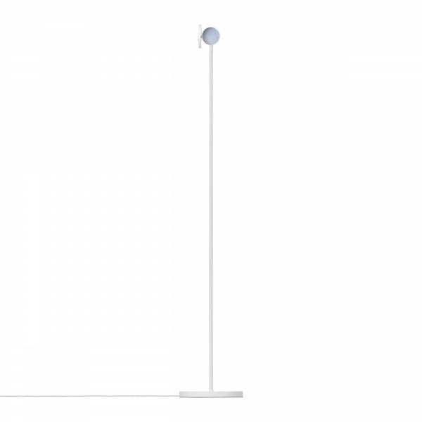 Minimalist white floor lamp with a round shade and sleek design against a black background.