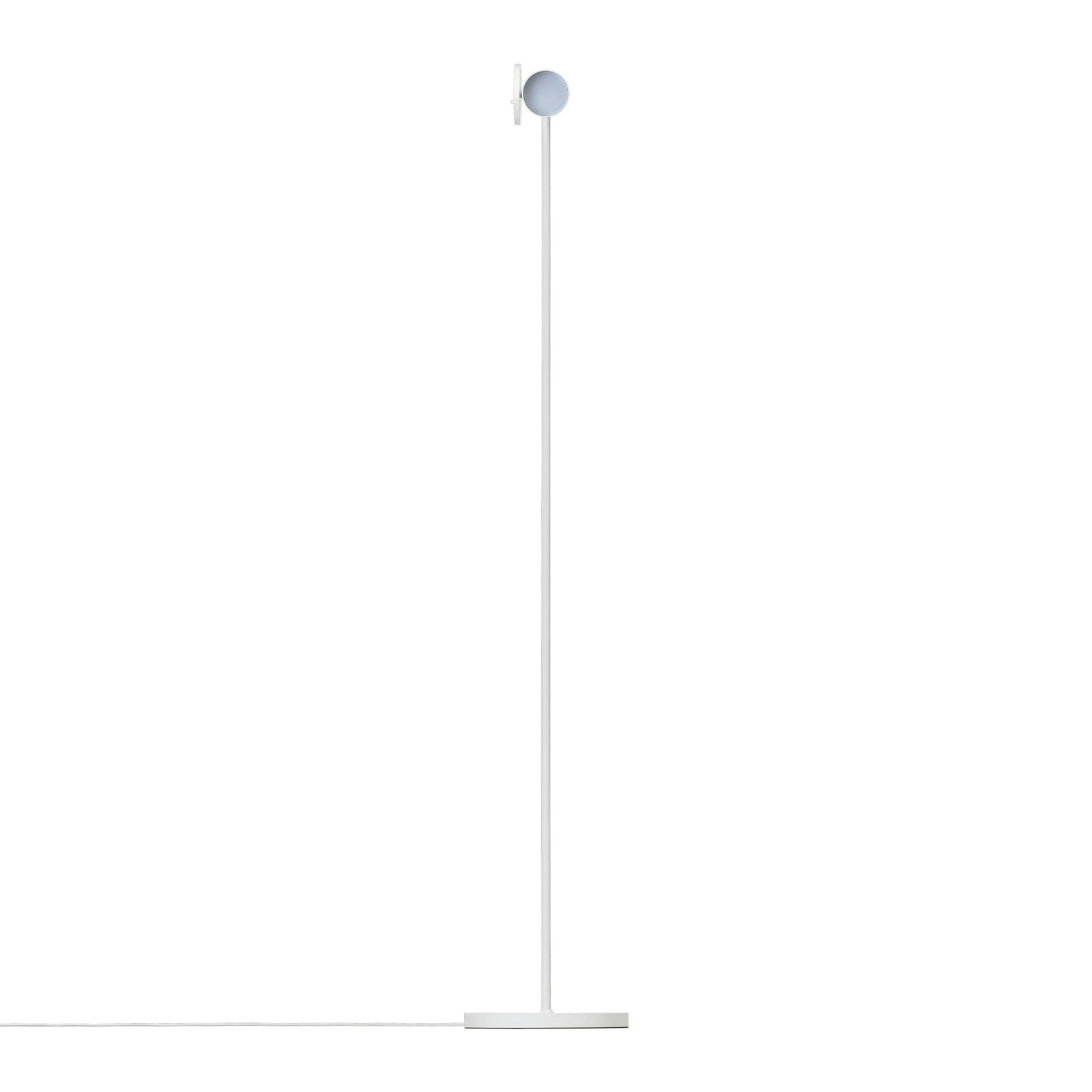 Minimalist white floor lamp with a round shade and sleek design against a black background.