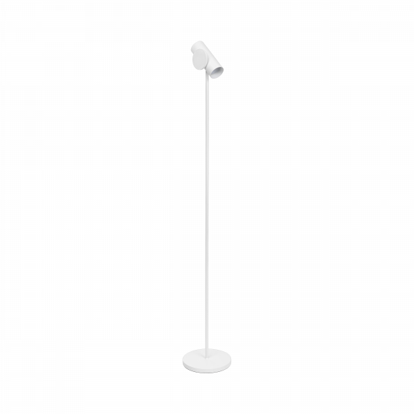 Minimalist white floor lamp with an adjustable spotlight on a sleek stand.