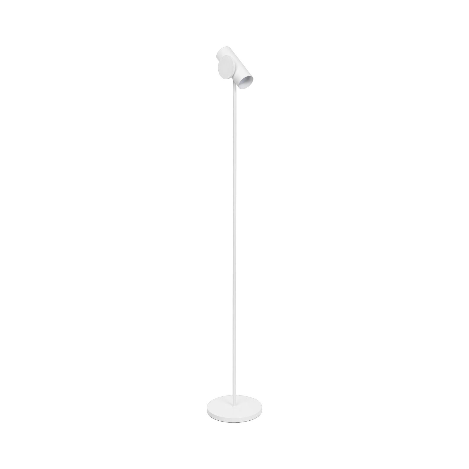Minimalist white floor lamp with an adjustable spotlight on a sleek stand.
