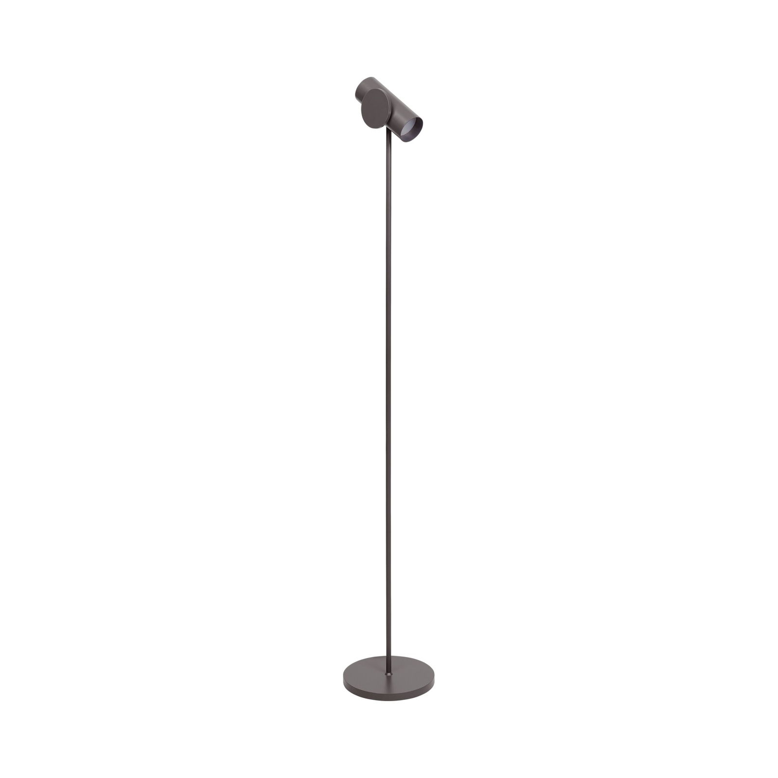 Moderne Stehlampe mit einem schlanken Design und einem verstellbaren Lichtkopf auf einem runden Sockel.