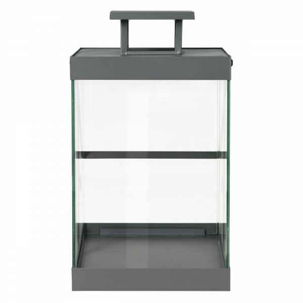 Stylish gray metal lantern with glass panels for elegant home decor or outdoor lighting.