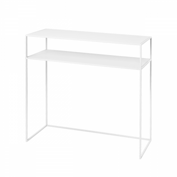 Modern white metal console table with two shelves on a black background.