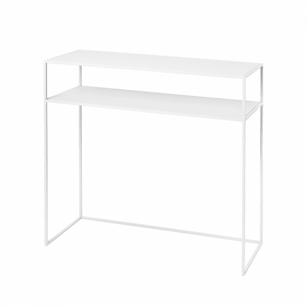 Modern white metal console table with two shelves on a black background.