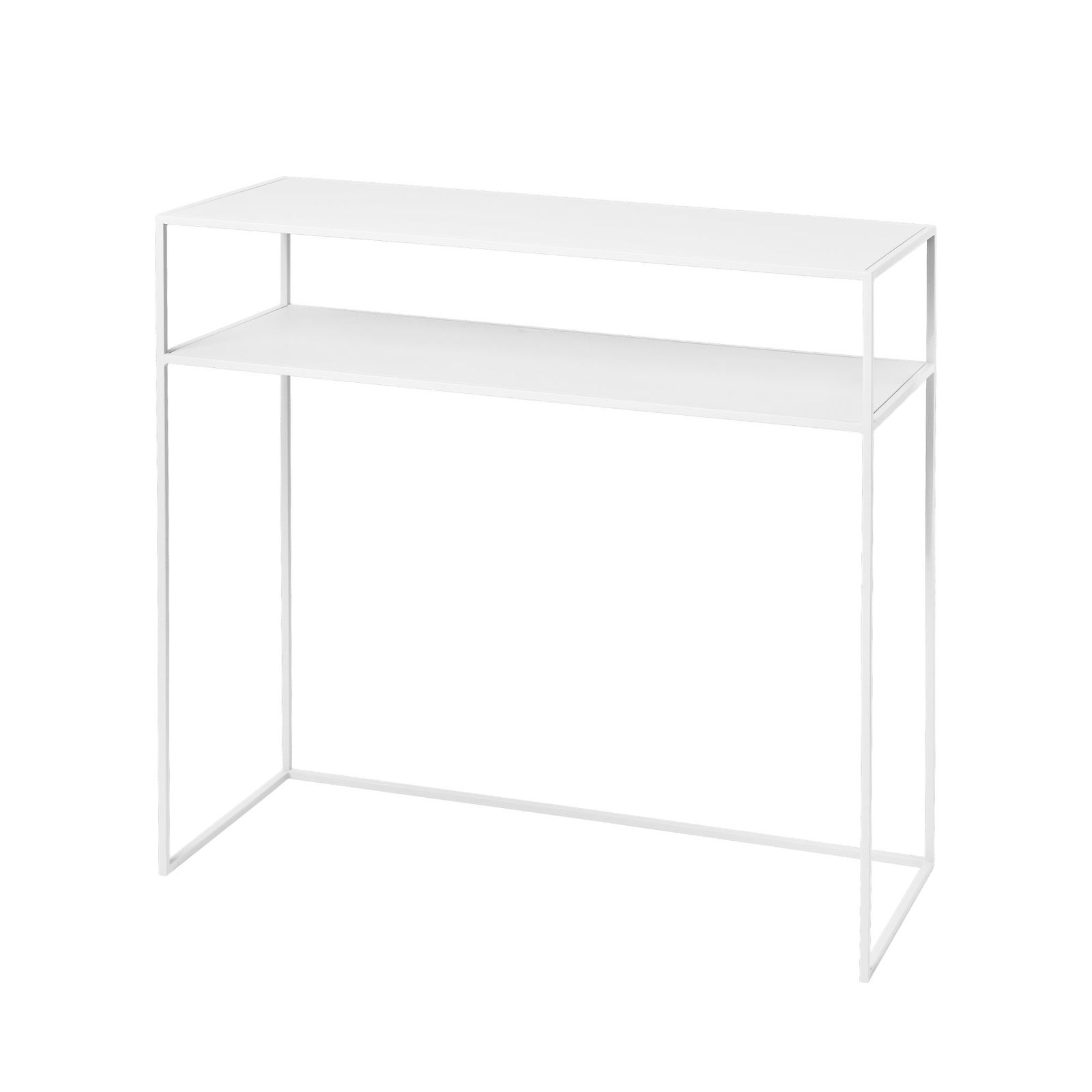 Modern white metal console table with two shelves on a black background.