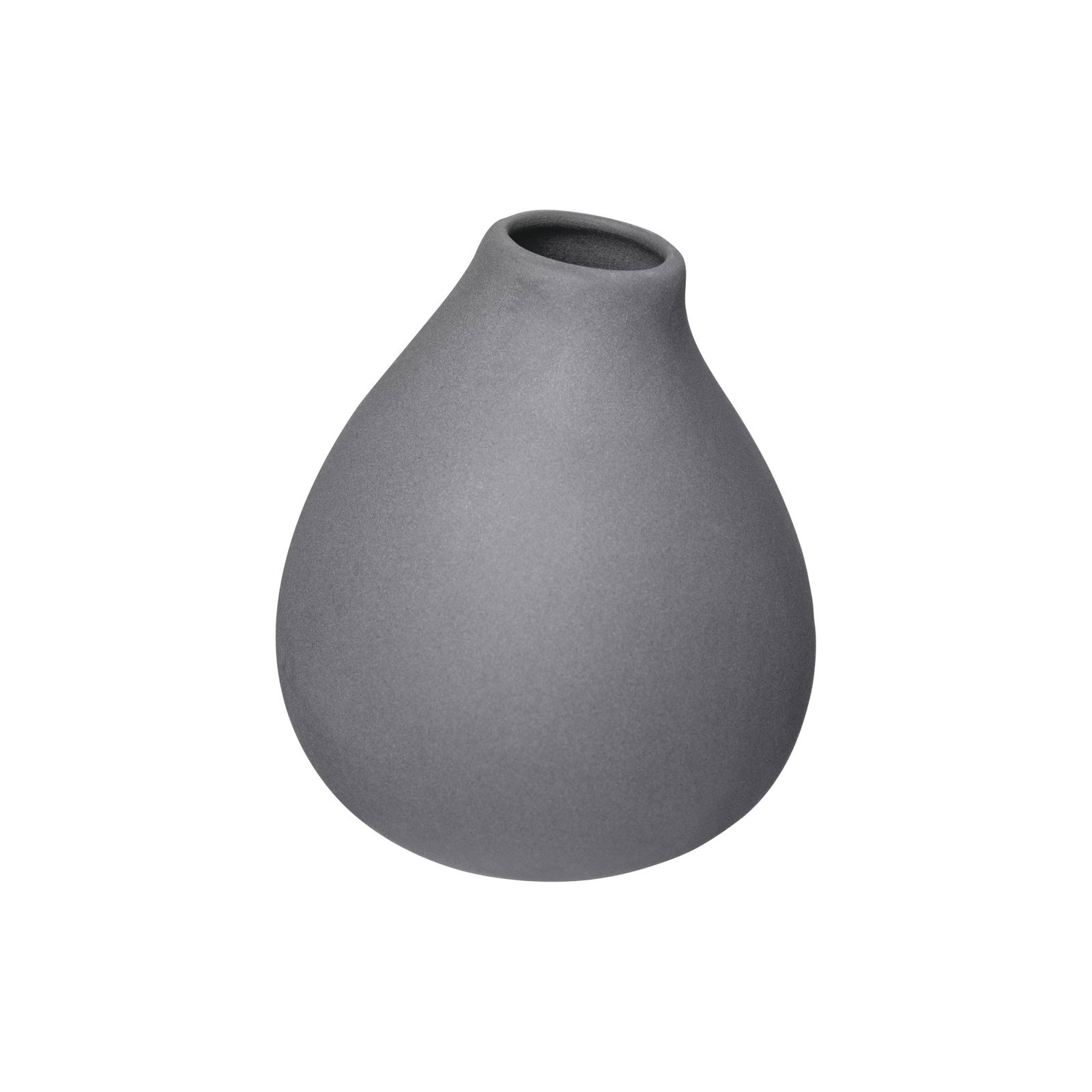 Elegante graue Keramikvase mit einer minimalistischen Tropfenform und glatter Oberfläche.
