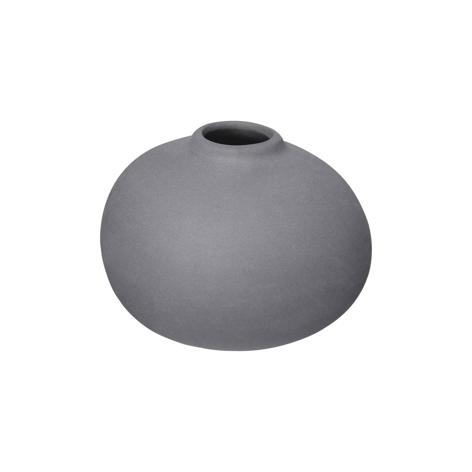 Elegante runde graue Vase mit glatter Oberfläche und schmalem Hals.