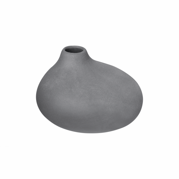 Stylische graue Keramikvase mit einer einzigartigen organischen Form und schmalem Hals.