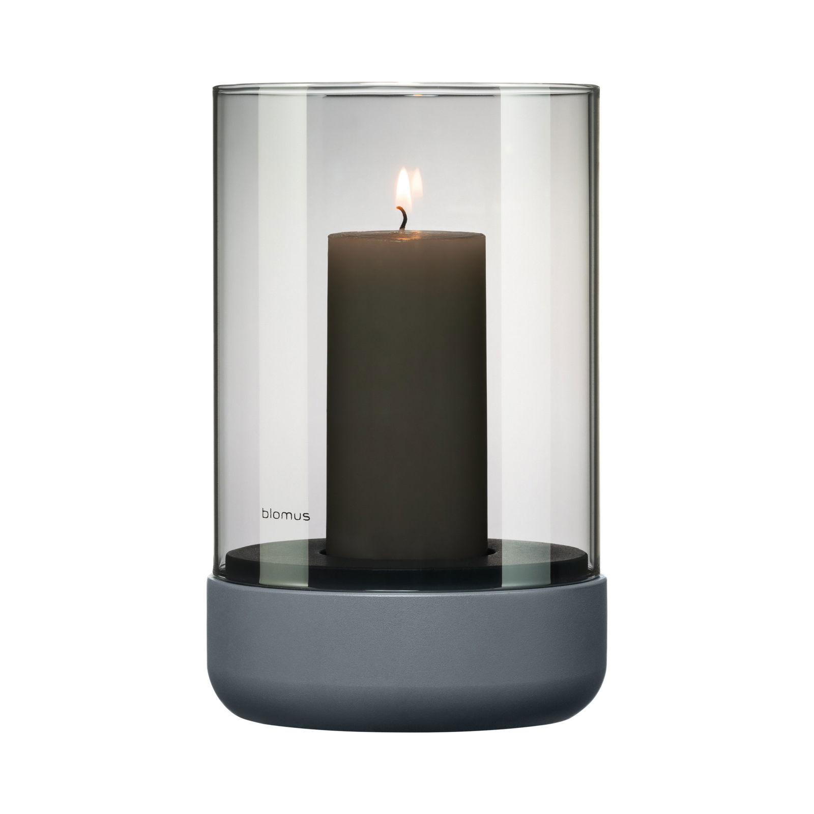 Stylish candle holder with a grey candle in a glass enclosure for modern décor.